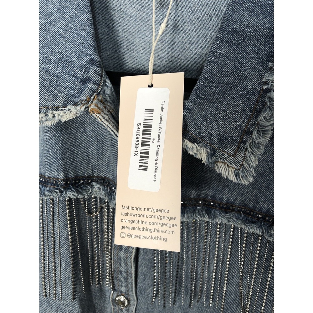 NWT GeeGee Plus - Blue Denim Jacket with Tassel Detailing & Distress - Size 1X - Picture 6 of 13